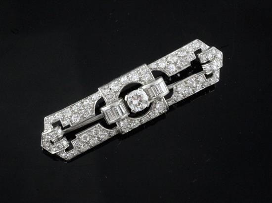 An Art Deco diamond and platinum openwork brooch, 47mm.